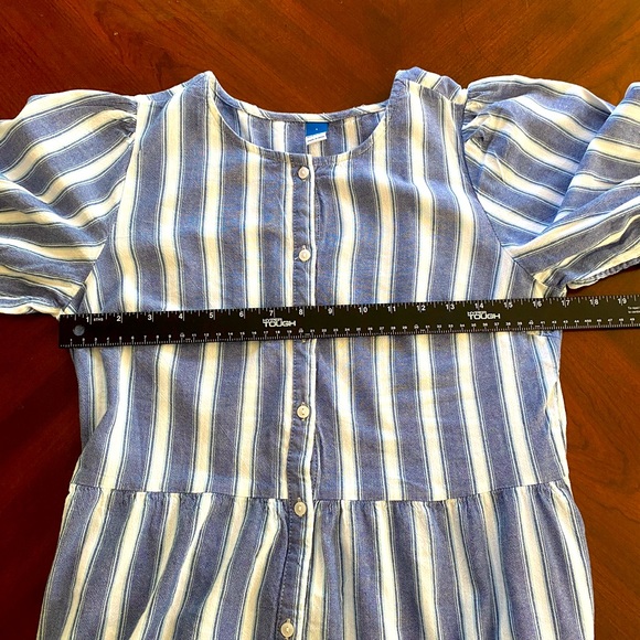 Old Navy Puff-Sleeve Tiered Midi Swing Dress in Blue Striped Small S Pockets - Picture 10 of 15